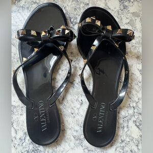 Valentino Garavani Rockstud Black and Gold Bow Sandals